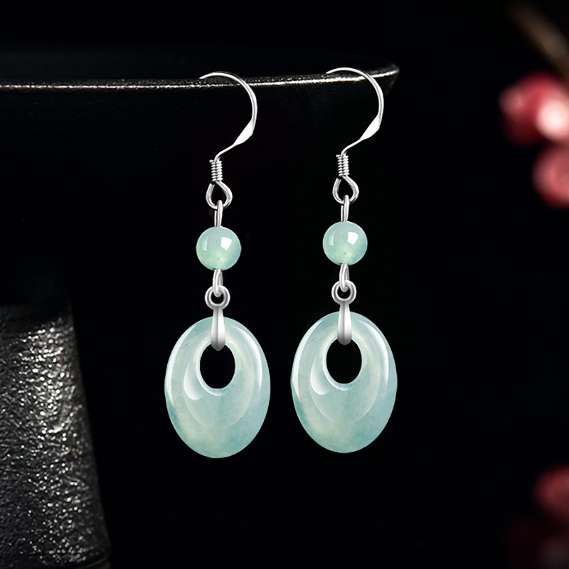 Women Accessories For Gift - ミャンマー翡翠リングイヤリング 925 シルバー女性へのギフト天然ジュエリーアクセサリー彫刻宝石本物の翡翠のお守り
