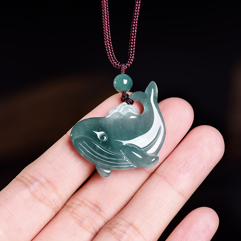 Women Accessories For Gift - 天然ビルマ翡翠クジラペンダントネックレスアクセサリー本物の翡翠チャーム彫刻お守りジュエリー宝石ギフト女性のための